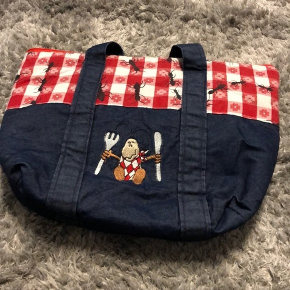 Womens Over Shoulder Picnic Style Purse Graphic Embroidery Red Gingham/Denim
